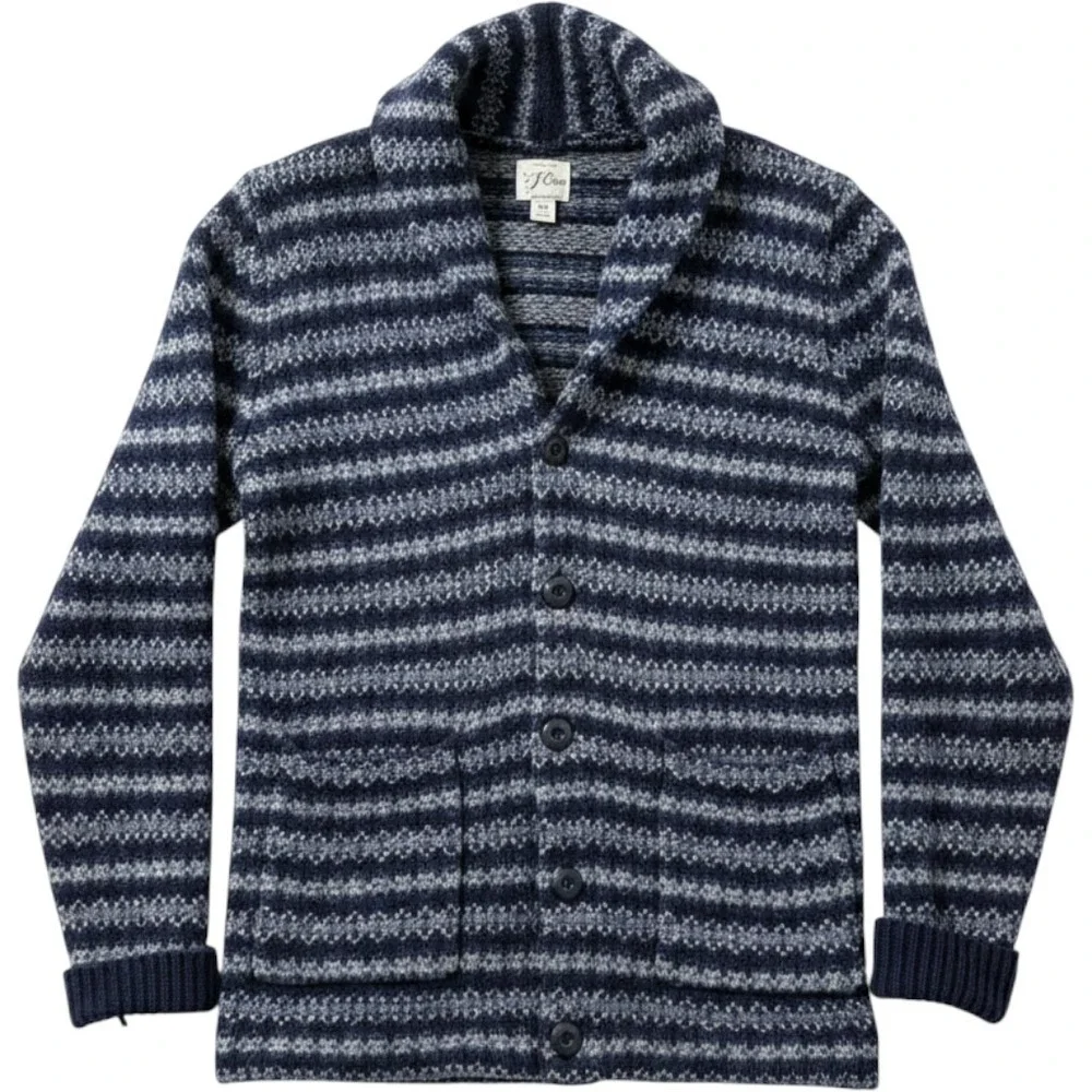 J.Crew Lambswool Cardigan Sweater XS Fair Isle Shawl Collar Nordic Stripe Chunky